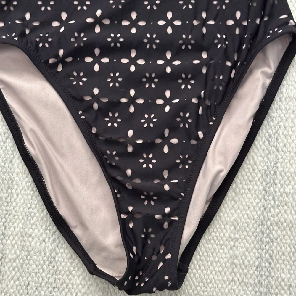 J Crew Scalloped Ruffle One Shoulder one-piece swimsuit ilaser-cut eyelet Black